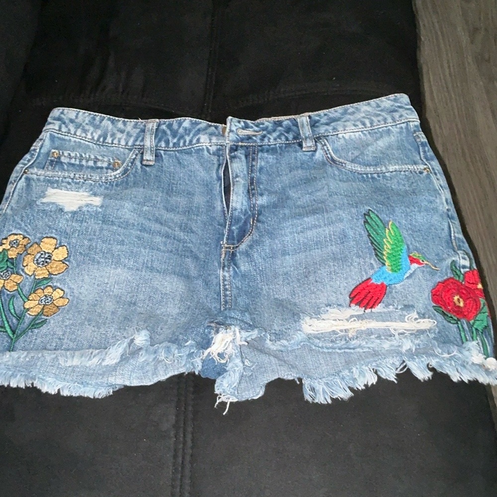Los Angeles Apparel Blue Jean Shorts with Floral Embroidery